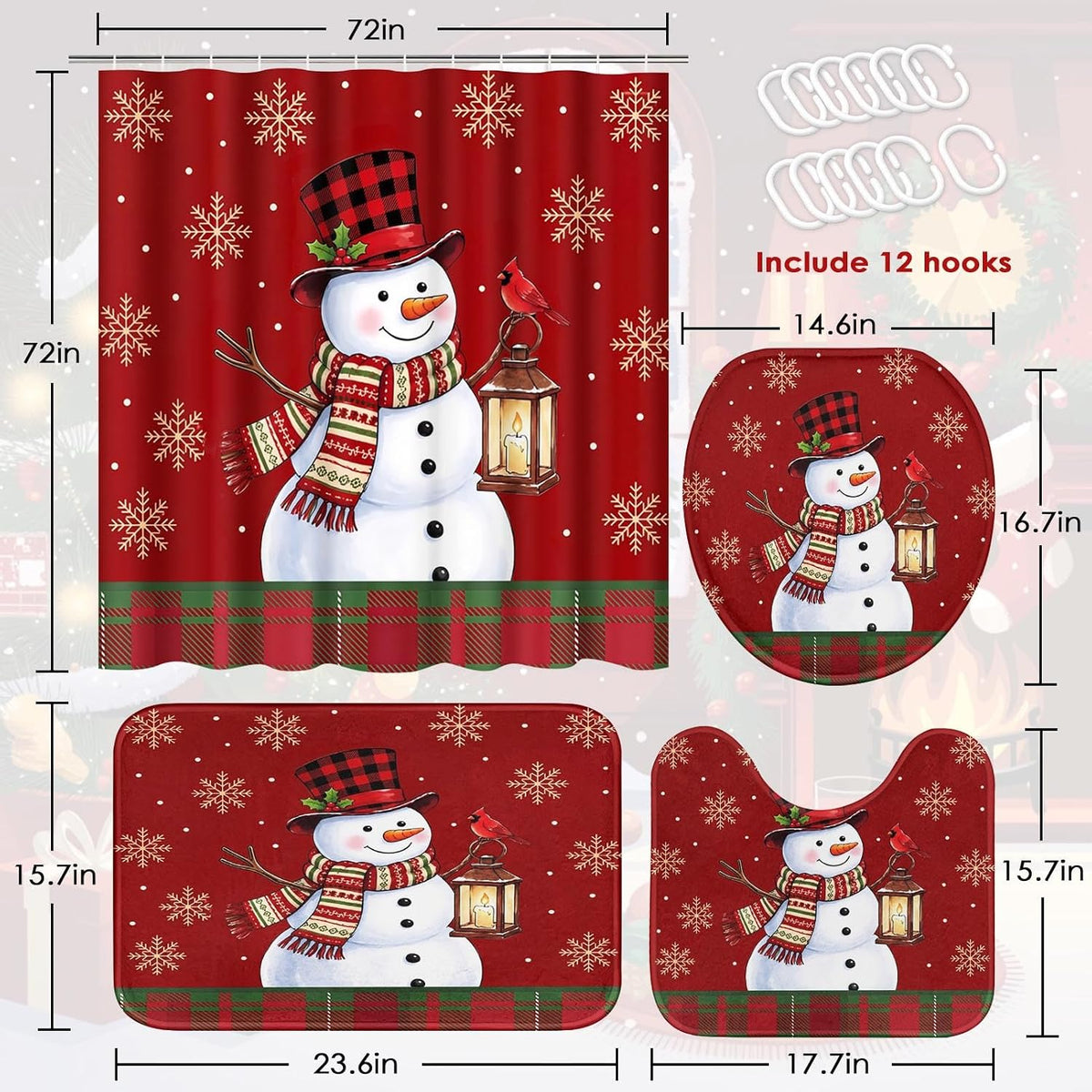 ArtSocket Christmas Bathroom Sets with Shower Curtain and Rugs Red Snowman
