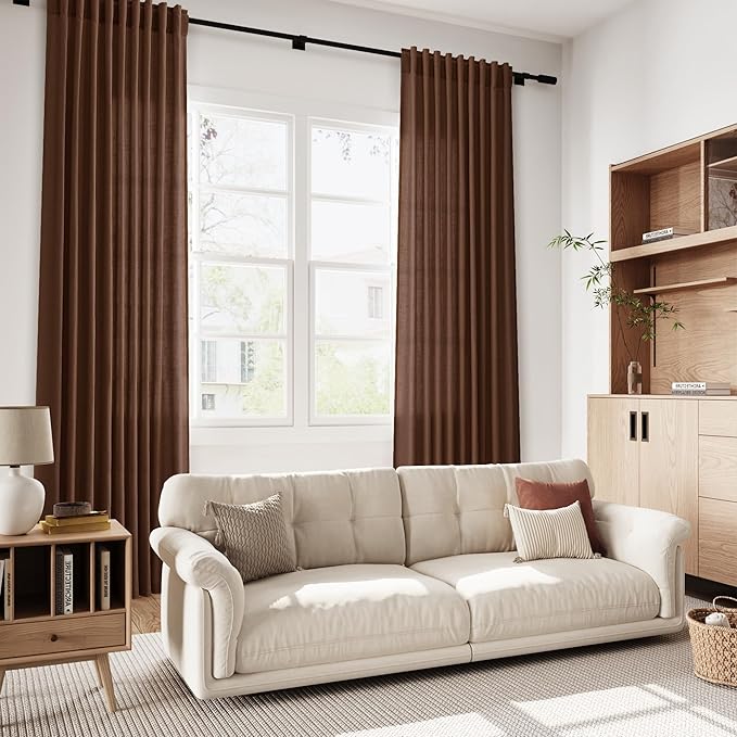 Mocha Brown Linen Curtains Semi Sheer96 Inches 2 Panels - Image 5