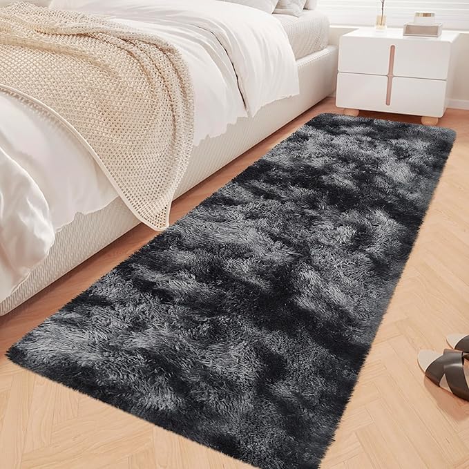 Tie-Dyed Runner Rug for Bedroom Black Grey 2x6ft Fluffy Area Rug Bedside Runner by JiaoBaba