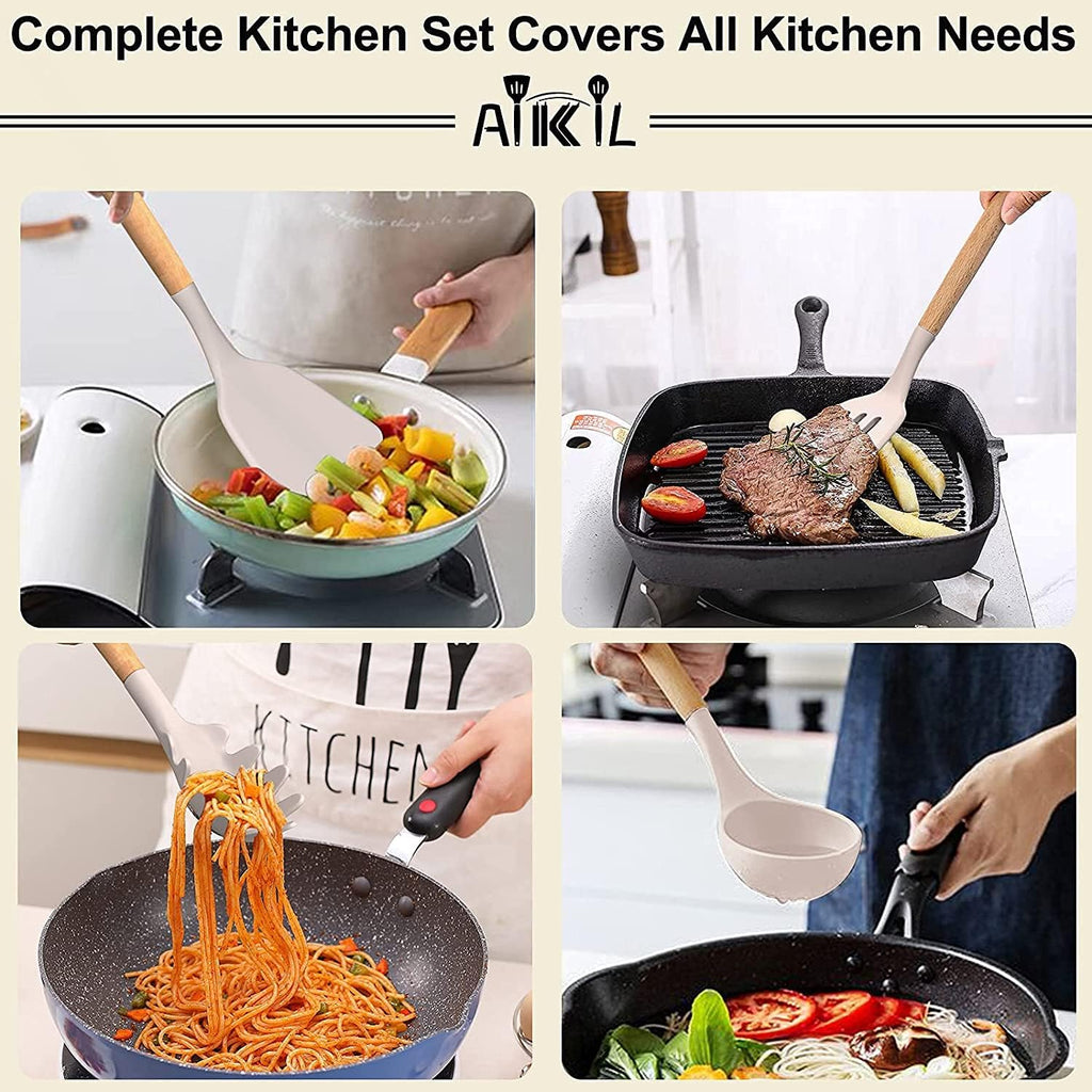 Kitchen Cooking Utensils Set, 26 Pcs Non-stick Silicone Kitchen Utensil Spatula Set with Wooden Handles, Silicone Kitchen Gadgets Utensil Set for Cookware(Khaki)