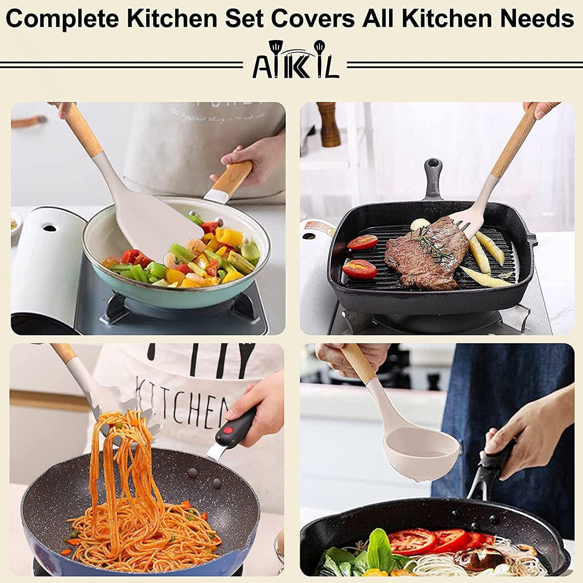 Kitchen Cooking Utensils Set, 26 Pcs Non-stick Silicone Kitchen Utensil Spatula Set with Wooden Handles, Silicone Kitchen Gadgets Utensil Set for Cookware(Khaki)