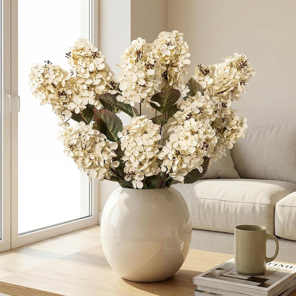 Ttranewsoo Hydrangea Artificial Flowers,Fall Hydrangeas Artificial Flowers, Fake Fall Dried Hydrangea Decoration,Faux Silk Flower with Stems Winter Decor Without Vase（Cream White 8PCS