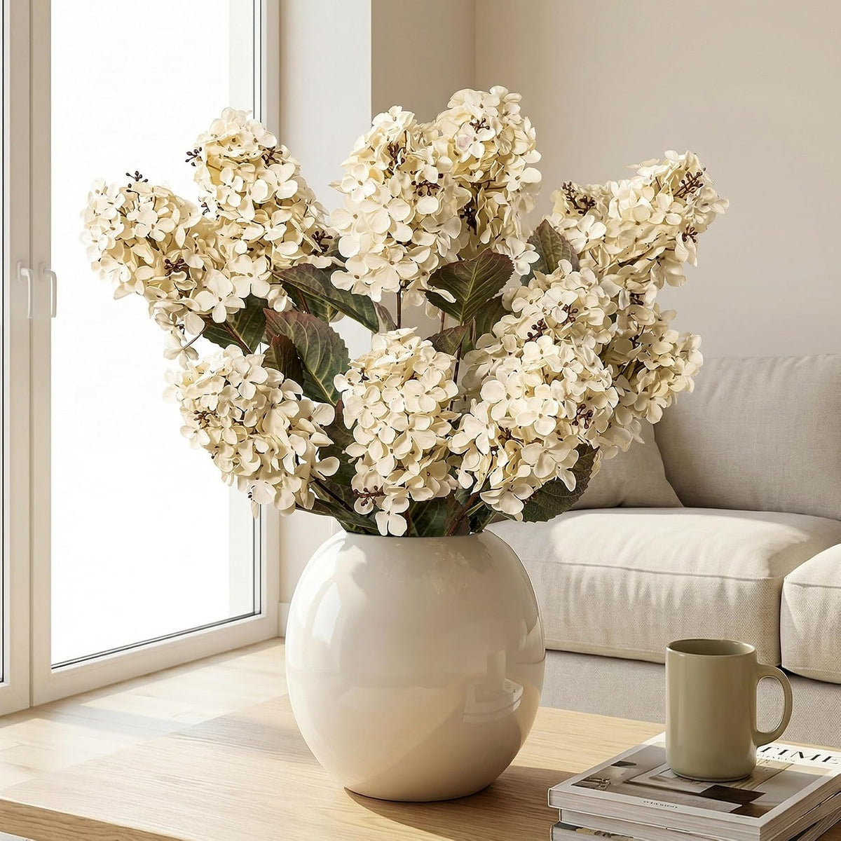Ttranewsoo Hydrangea Artificial Flowers,Fall Hydrangeas Artificial Flowers, Fake Fall Dried Hydrangea Decoration,Faux Silk Flower with Stems Winter Decor Without Vase（Cream White 8PCS