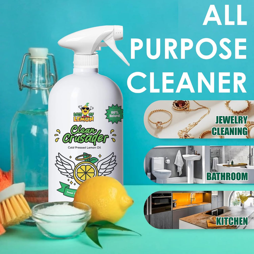 Clean Crusader Cold Pressed Lemon Oil Multi Surface Cleaner Spray - for Hardwood Floors, Countertops and Bathroom & More - Vegan & Cruelty Free Cleaning Supplies- 24 oz - 1 Pack