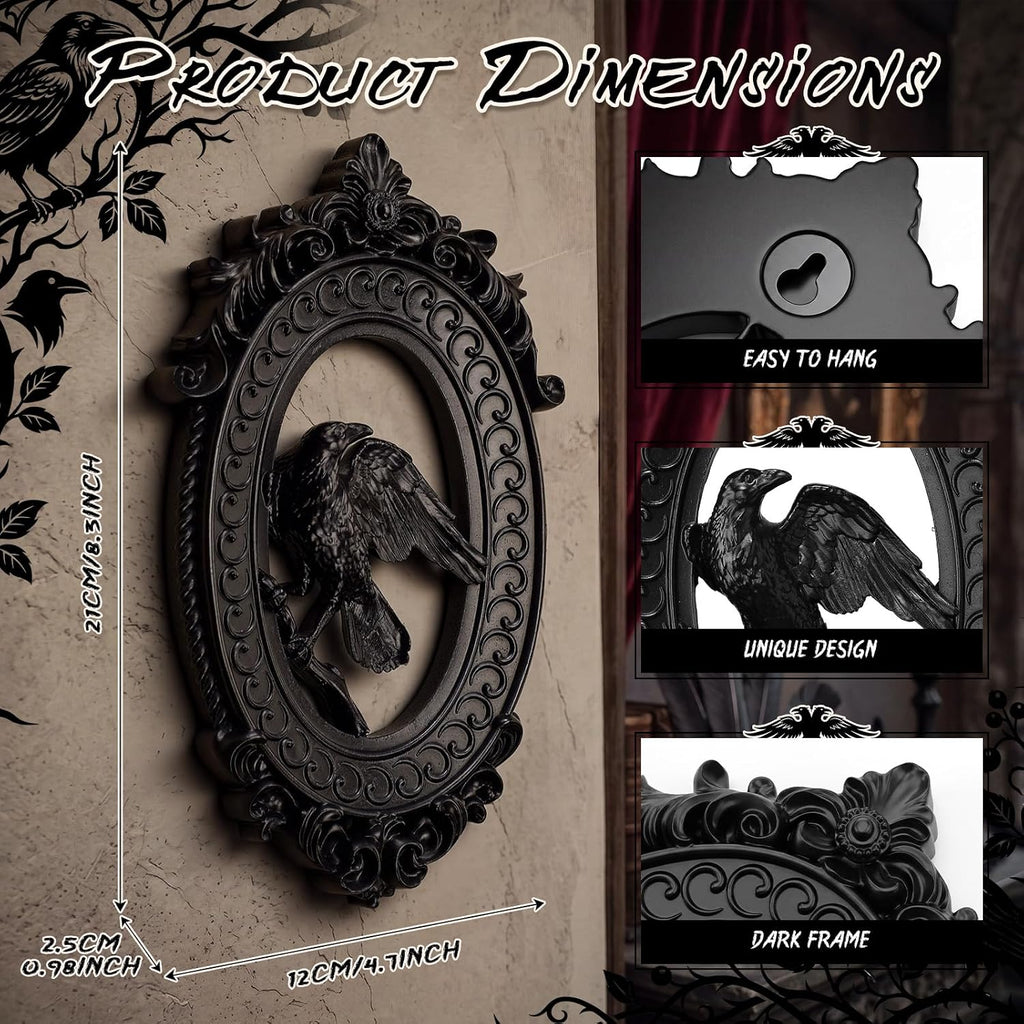 Amyhill Raven Gothic Ornate Frame Wall Decor, 3D Raven Resin Oval Art