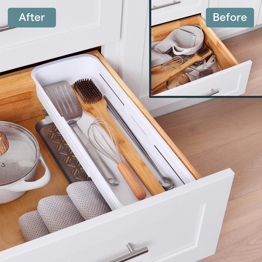 YouCopia DrawerFit® Sliding Drawer Bin, Expandable and Adjustable Kitchen Storage Organizer, Speckled White