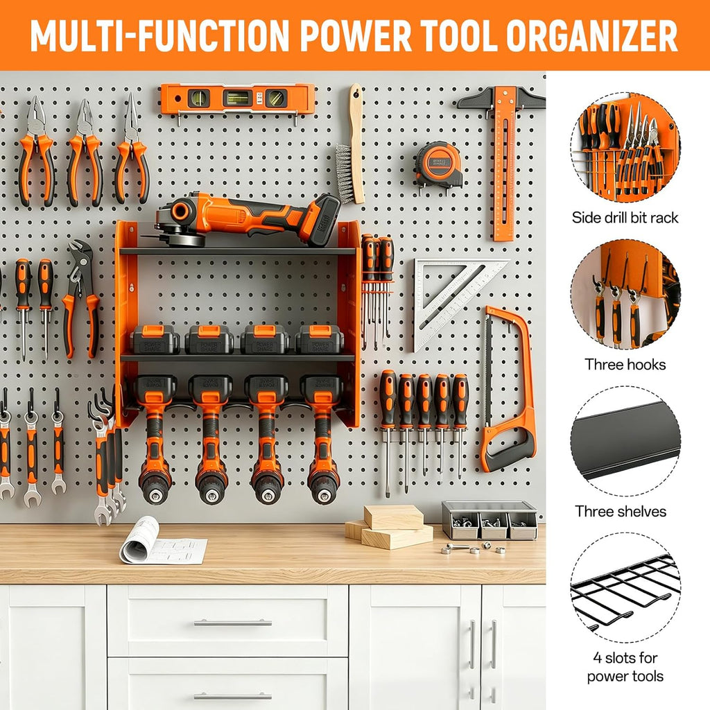 4-Tier Power Tool Organizer,Tool Storage Rack with 4 Drill Holders, Cordless Tool Organizer,Heavy Duty Power Tool Shelf for Garage,Warehouse,Workshop, Gift for Men,Husband