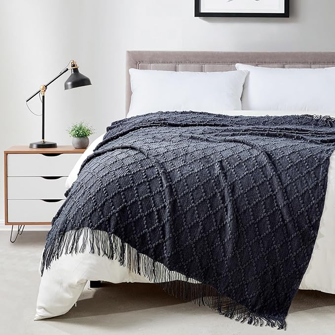 BOURINA Navy Throw Blanket 50 x70 Inches Jacquard Argyle Throw Textured Solid by BOURINA