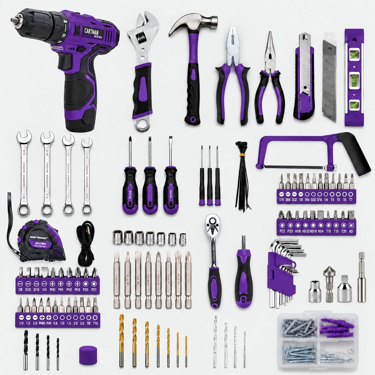 CARTMAN 260-Piece Tool Set With 12V Cordless Drill, Purple Drawer Tool Box