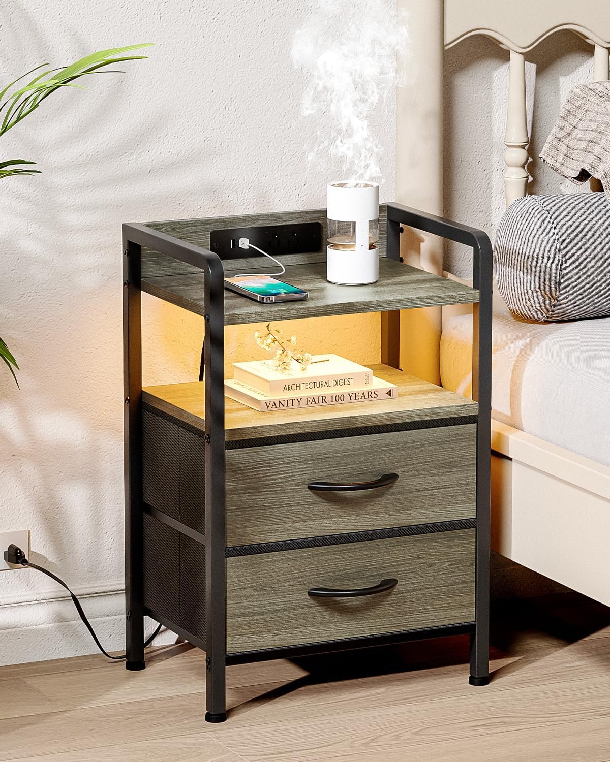 Lazzanto Nightstand with Rear Charging Station, LED Light, 2 Drawers, Grey