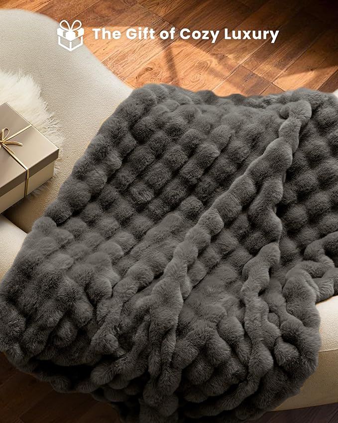 Ultra Soft Cozy Faux Fur Throw Blanket, Fuzzy Plush Thick Bubble Blanket - Image 7