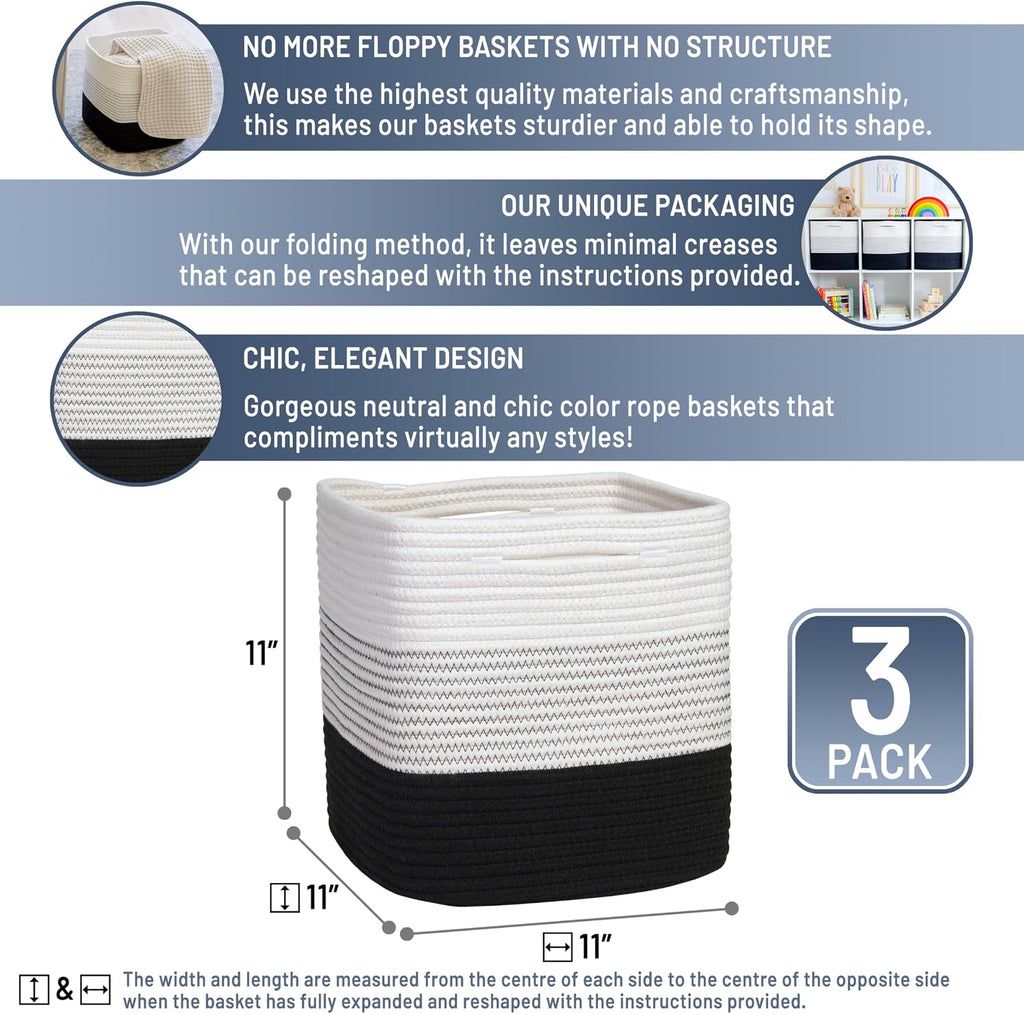 Storage Cubes 11 Inch Cotton Rope Woven Baskets for Organizing, 3-Pack | Cube Storage Bin | Square Storage Baskets for Shelves Organizer, Classroom, Kids Toy Bins, Closet, Baby Nursery