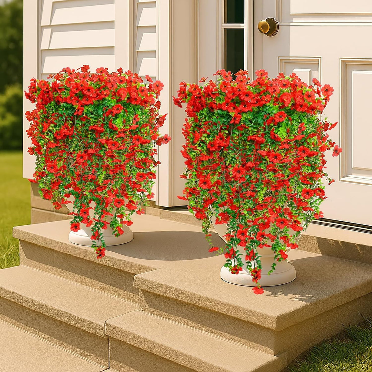 Artificial Flowers for Outdoors,8PCS Hanging Outdoor Faux Plants,UV Resistant Fake Flowers for Outdoor Planters,Realistic Fake Plants Spring Decor for Porch,Patio,Yard (PurpleWhite)