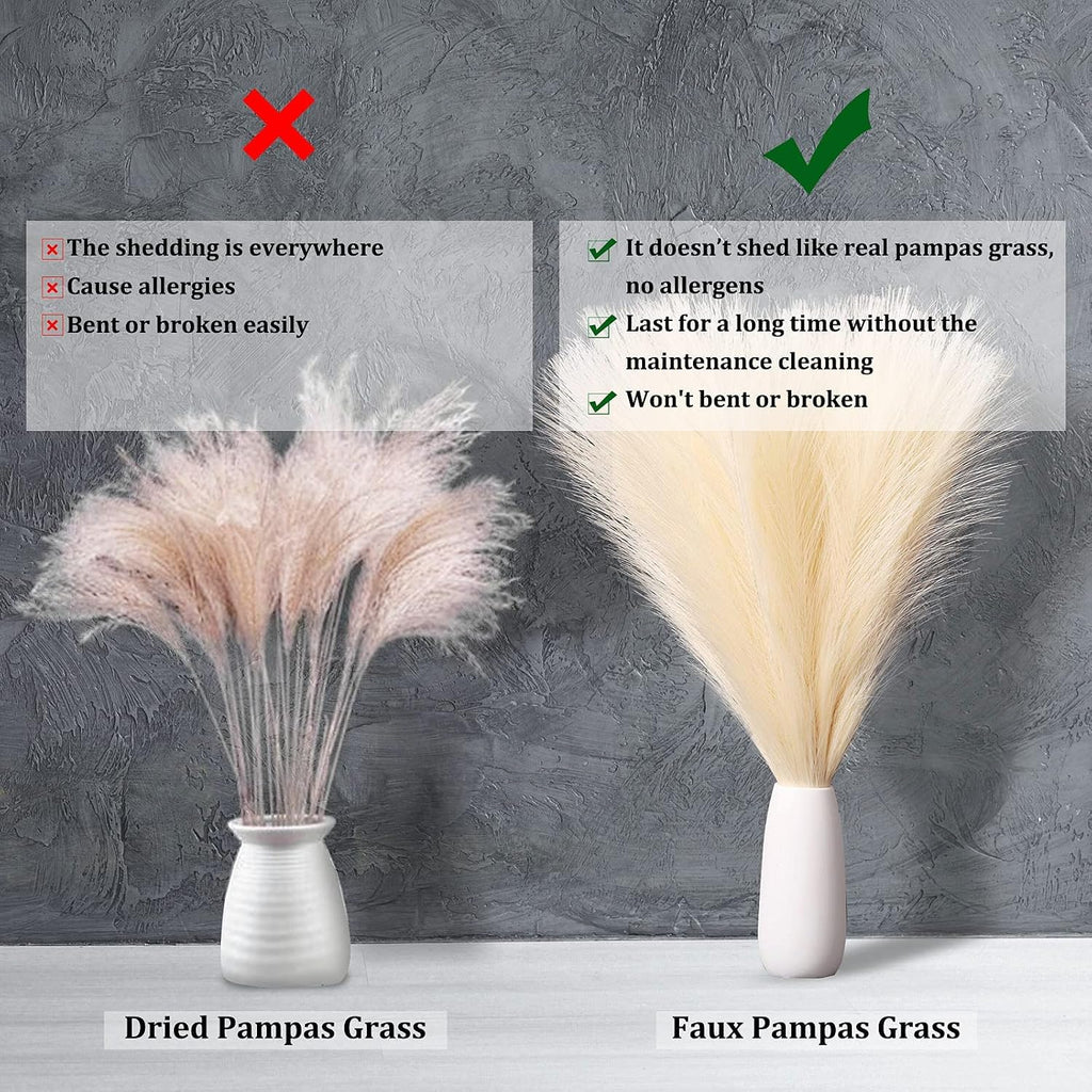 Pampas Grass Decor, Fluffy Faux Pampas Grass 6 Stem 18"/45cm Pompous Grass Small Flower Arrangement and Vase Filler for Boho Home Wedding Decoration (Lake-Green)