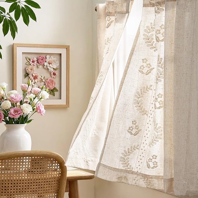 jinchan Belrose Linen Floral Kitchen Curtains 24 inch Length Embroidered - Image 4