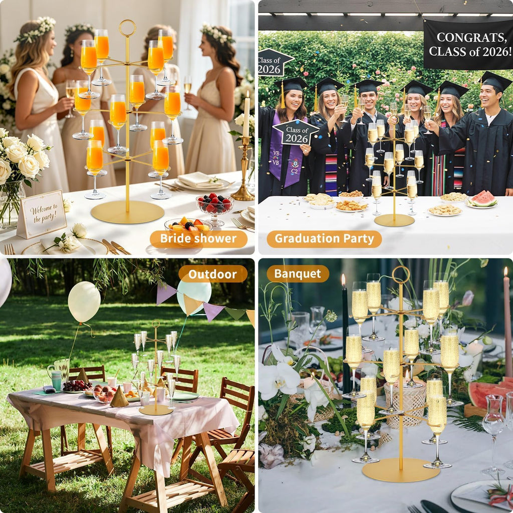 QPIX DIGITAL Champagne Tower,Metal Cocktail Tree Stand 3 Tier - 12 Holders For Champagne, Cocktails, Martini, Margarita Cups at Weddings,Bridal Parties & Events,Cocktail Glass Gold Holder