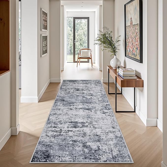 2.6'x8' Runner Rug Washable Rug;Modern Abstract Soft Thin Runner Rug Grey - Image 3