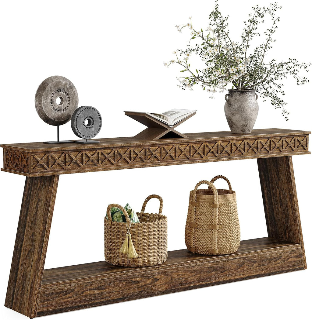 LITTLE TREE 70.87" Long Farmhouse Console Table, 2-Tier Shelf Narrow Accent Entryway Sofa Table for Living Room, Behind Couch, Hallway - Dark Brown