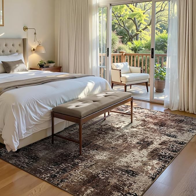 Area Rug 4x6 Brown Rug Washable Boho Rugs Non Slip Low Pile Abstract Coffee - Image 3