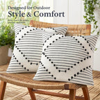 Mecatny Boho Outdoor Throw Pillow Covers 18x18 Set of 2 Black & Cream White