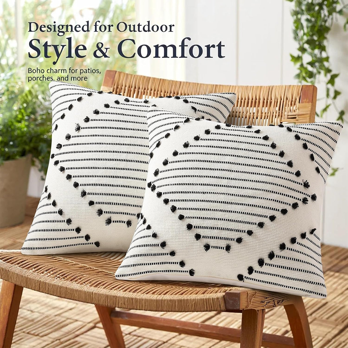 Mecatny Boho Outdoor Throw Pillow Covers 18x18 Set of 2 Black & Cream White
