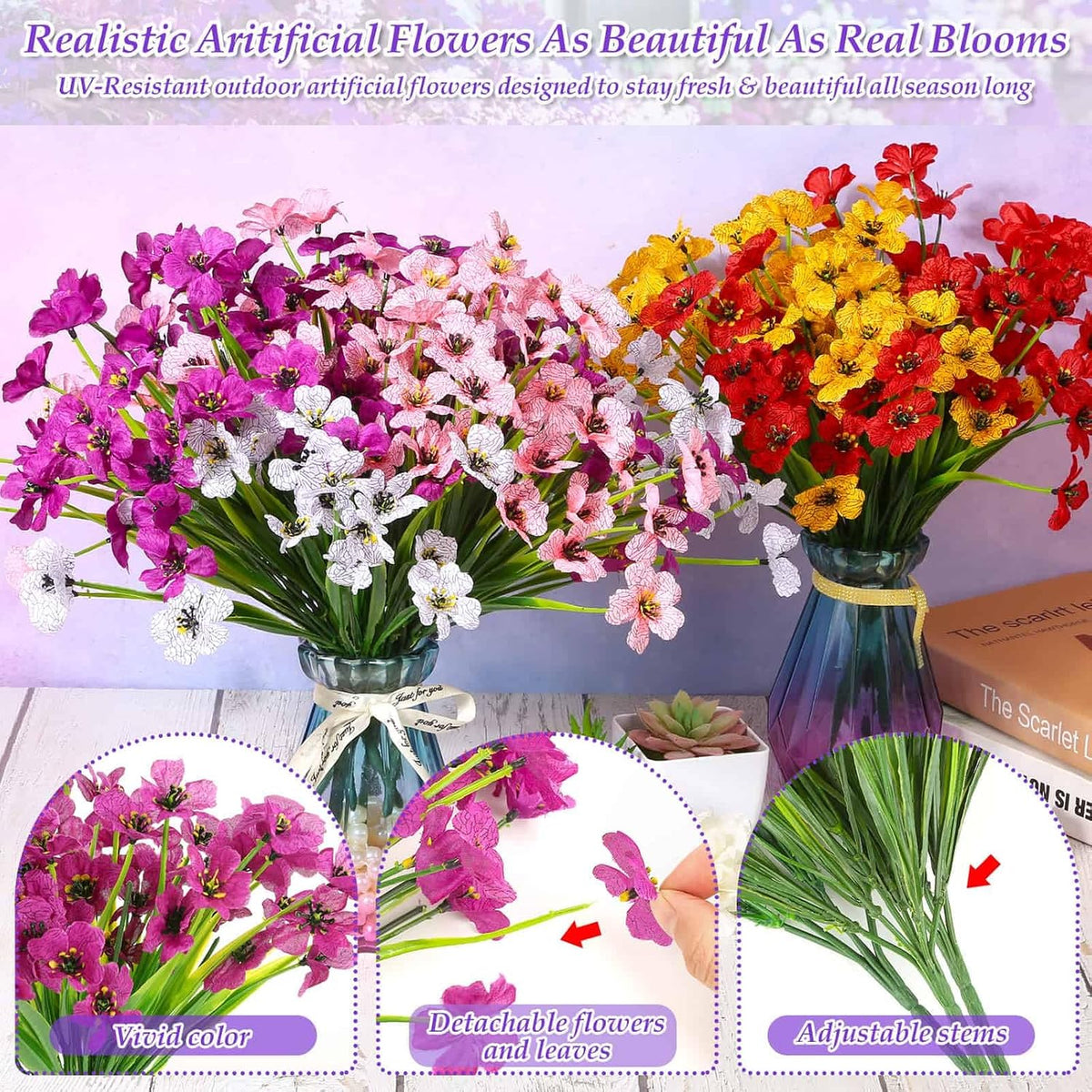 30 Bundles Realistic Artificial Flowers Bulk for Outdoors, UV Resistant