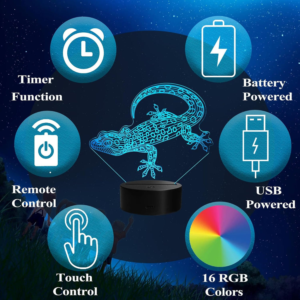 Leopard Gecko 3D Night Light, 16 Colors with Remote Control, Timer, RGB Flashing Mode, Dimmable LED Illusion Lamp, Lizard Accessories for Birthday Holiday Christmas Decor
