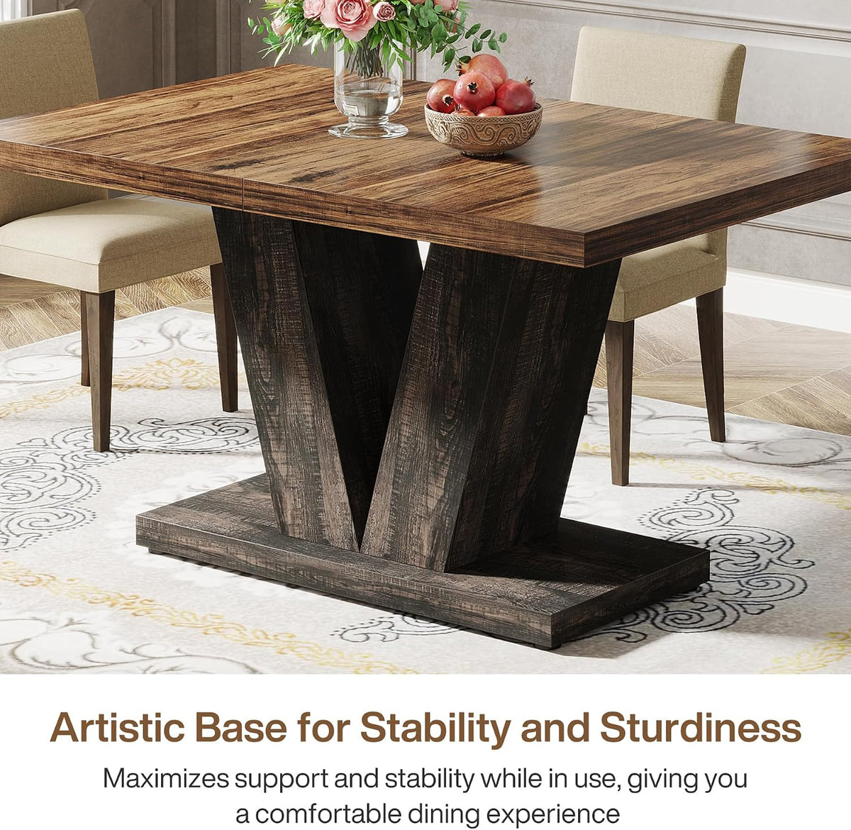 Tribesigns 47-Inch Dining Table for 4, Black Kitchen Dinner Table with Heavy Duty Pedestal, Farmhouse Wooden Eating Table for Home, Dining Room, Small Space, Black & Brown
