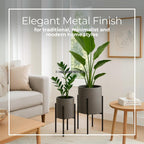 Decorative Flower Pots with Metal Stand for Home Decor - Modern Planters for Hallway, Entryway, and Living Room Decor - Indoor and Outdoor Pots for Plants - Set of 2, 23", 19", Gray & Black