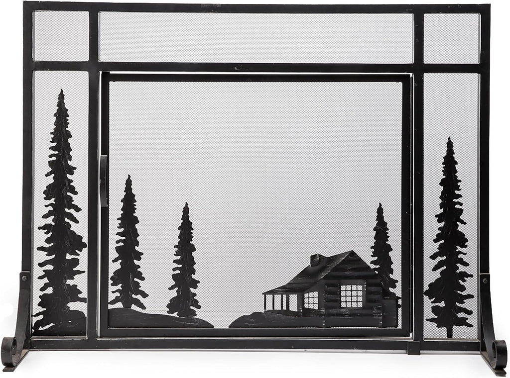 Plow & Hearth Metal Fireplace Screen Cabin Black | 44" W x 33" H | Magnetic Hinged Door | Spark Guard Cover | Stand Alone Wrought Iron Panel Fire Place Cover