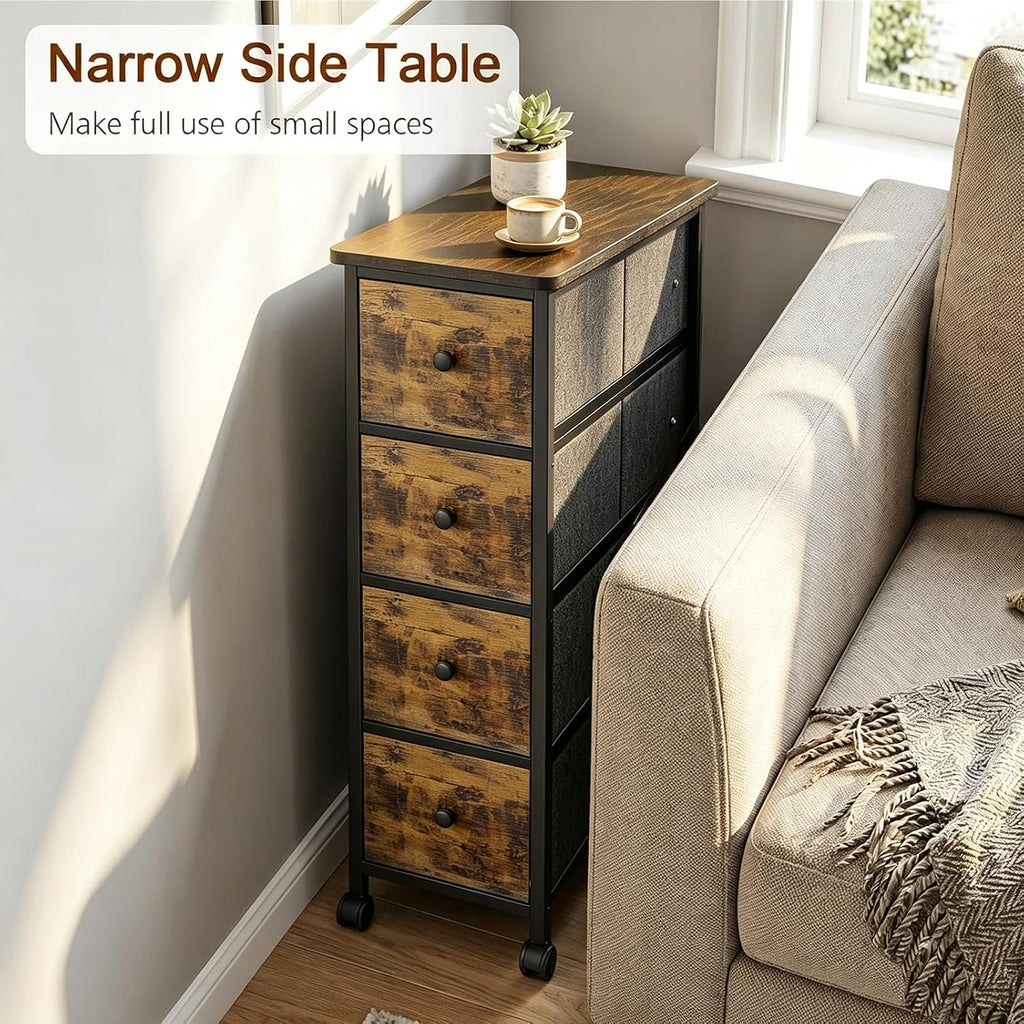 Narrow Nightstand with 4 Drawers, Slim Bedside Table for Small Space