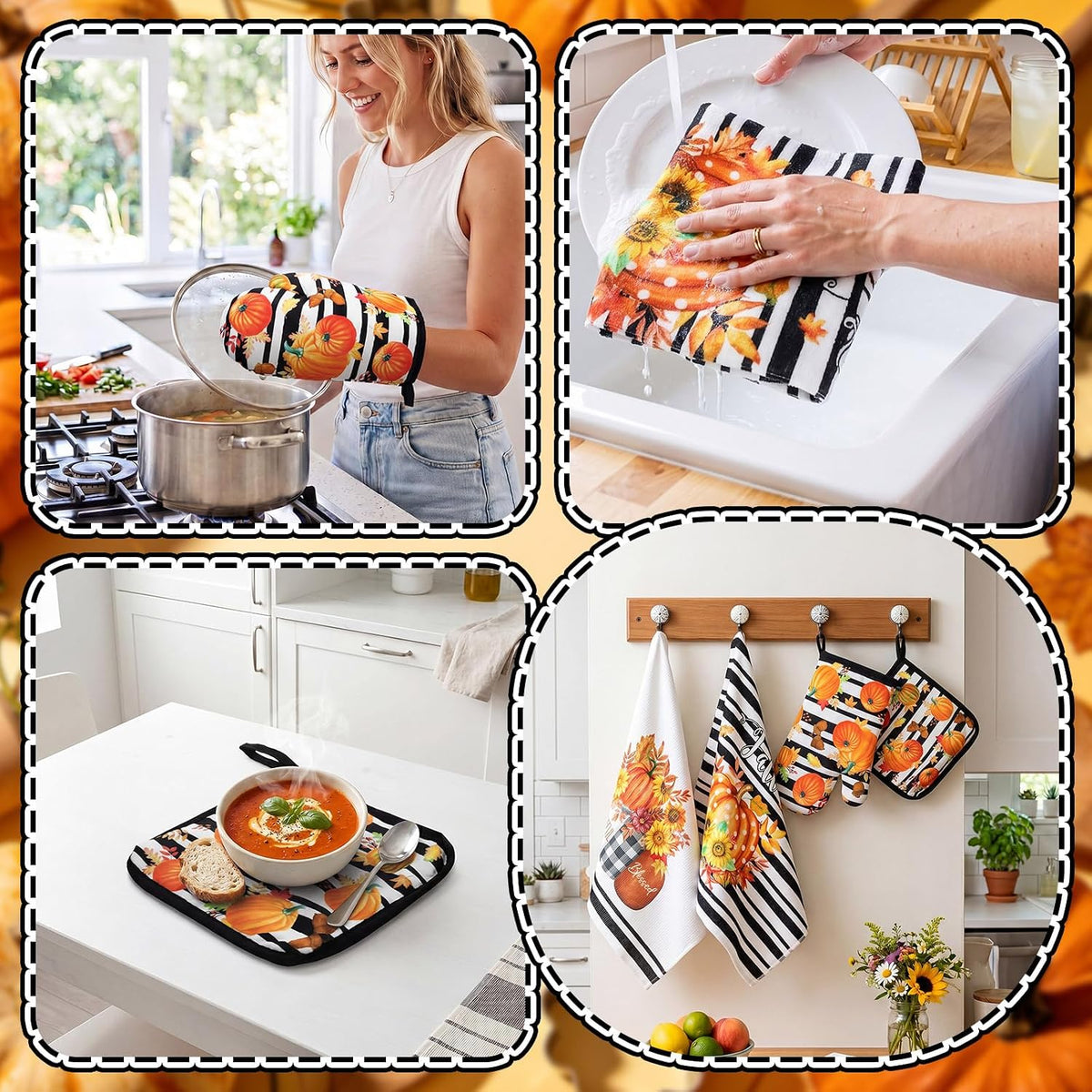 Fourluoo 10 Pcs Fall Kitchen Decor Hello Pumpkin Kitchen Accessories Set
