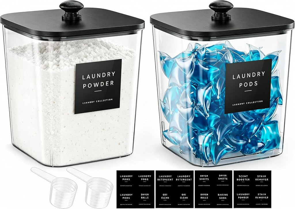 3+1 Pack Bamboo Laundry Pods Container, Clear Laundry Room Organization Containers,Large Laundry Detergent Powder Storage Containers Lids & Labels, Acrylic Laundry Pods Holder for Scent Booster
