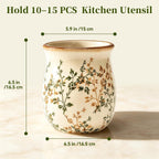 Large Green Floral Ceramic Utensil Holder for Kitchen Counter Utensil Crock