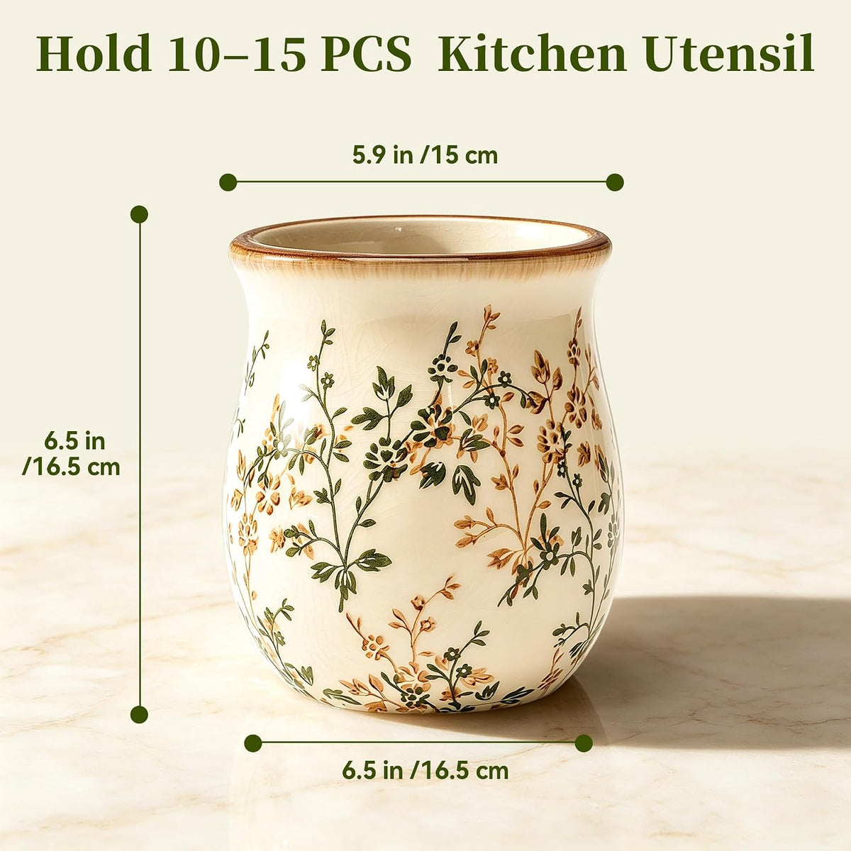 Large Green Floral Ceramic Utensil Holder for Kitchen Counter Utensil Crock