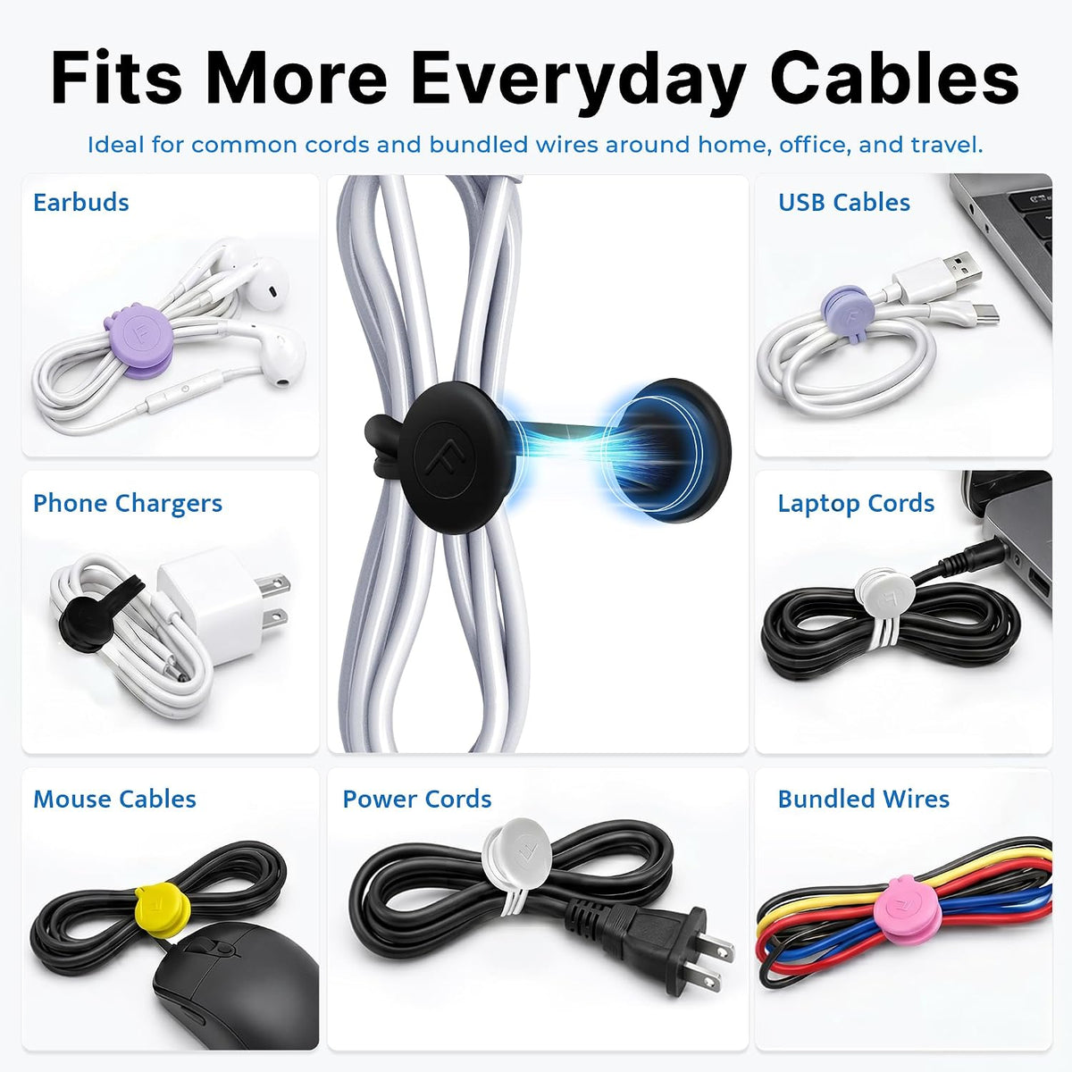 COOLMI Magnetic Cable Ties 12 Pack, 6.88 Inch Reusable Silicone Cord Organizer Wraps, Magnetic Cable Straps for Charging Cords, USB Cables, Earbuds, Travel, Black & Assorted