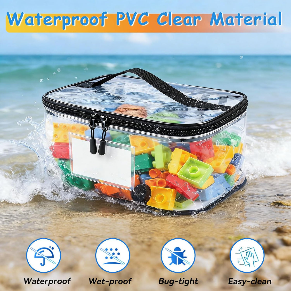 6 Pack Large Clear Toy Storage Bag with Name Tag, Waterproof PVC Toy Organizer Bags with Zipper & Manual Pocket, Toy Storage Organizer for Lego Bricks, Building Blocks, Board Games, Puzzles, Kid Books