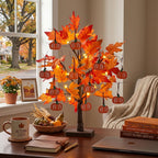 hogardeck Fall Decorations for Home, Thanksgiving Decorations, 24”2FT Lighted Maple Leaves Tree with 24 LEDs & 12 Wood Pumpkin Ornaments, Battery Powered Timer Artificial Trees for Autumn Table Decor