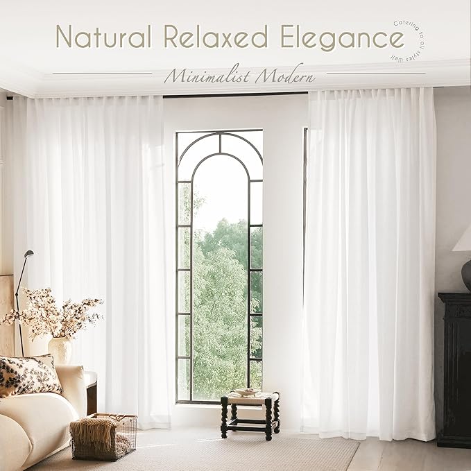 White Curtains 96 inches Long 2 Panels Back Tab Light Filtering Cotton Textured - Image 7