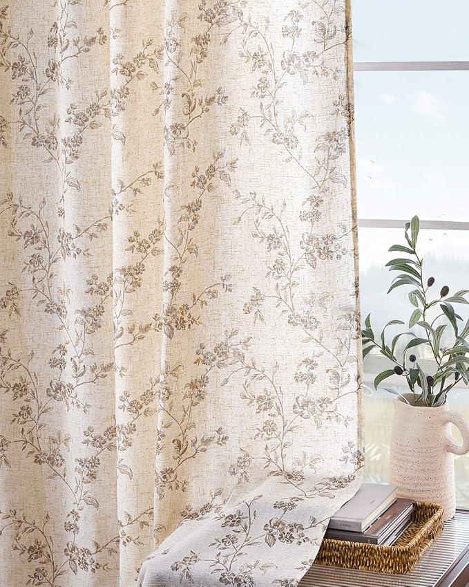 Lazzzy Farmhouse Linen Curtains Extra Long Taupe Floral Curtains 108 Inch - Image 9
