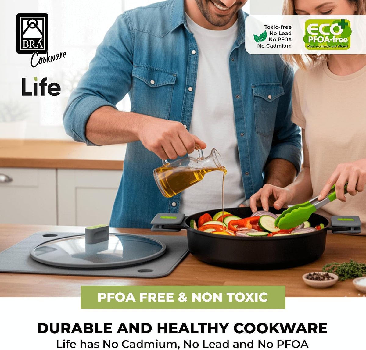 BRA COOKWARE Life Ceramic Nonstick Sauté Pan w/Lid | 12.6 In 4.8Qt Aluminum