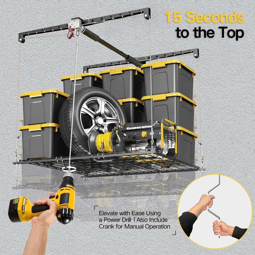 Overhead Garage Storage Rack for 12-14ft Ceiling, Heavy-duty 4x4 FT Garage Ceiling Storage Racks with Safety Lock, Ideal for Storage Mounted Lift System and Storage Organizer, 250lbs Capacity