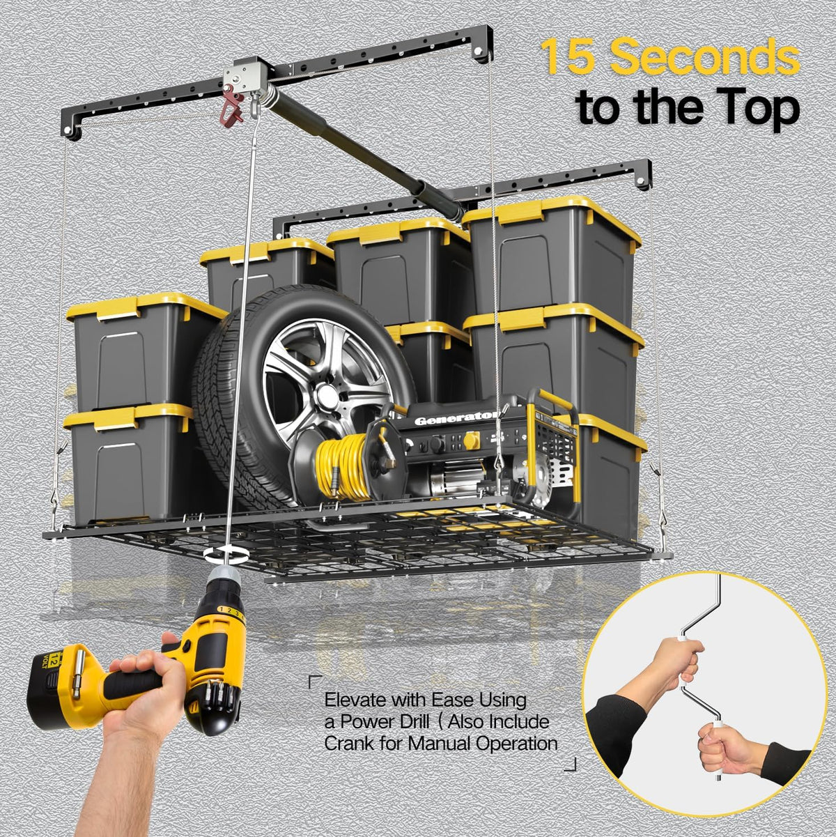 Overhead Garage Storage Rack for 12-14ft Ceiling, Heavy-duty 4x4 FT Garage Ceiling Storage Racks with Safety Lock, Ideal for Storage Mounted Lift System and Storage Organizer, 250lbs Capacity