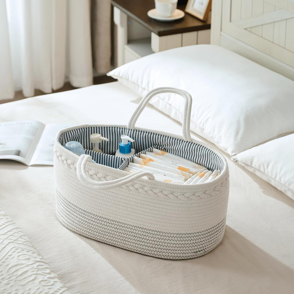 Diaper Caddy Organizer, Large Cotton Rope Nursery Baby Basket, Changing Table Organizer for Baby Diaper Storage, Portable Car Organizer Removable Divider (Off White, Extra Large)