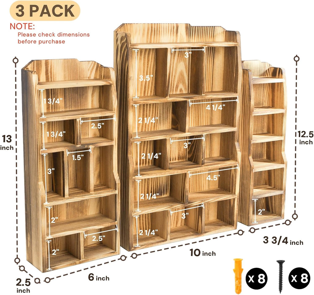 3 Pack Wood Shadow Box with 27 Compartment, 16" x 10" x 2.5" Rustic Cubby Display Shelf, Wall-Mounted Freestanding Floating Shelves, Decorative Collection Display for Figures, Curio