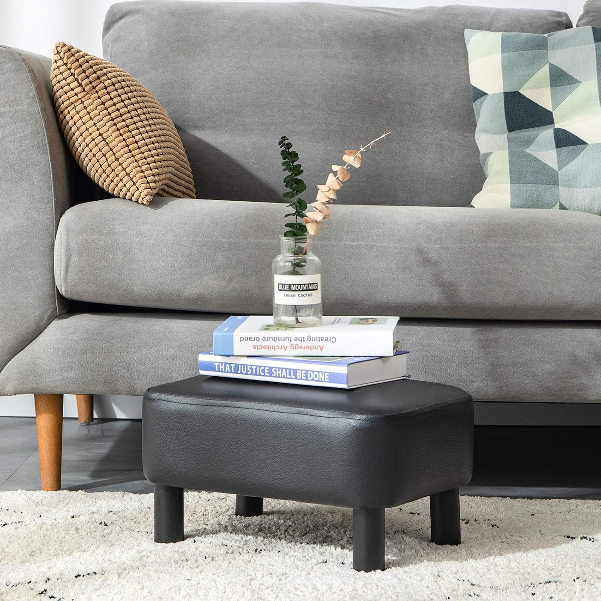 IBUYKE Small Footstool Ottoman, PU Faux Leather Footrest, Black RF-BD210