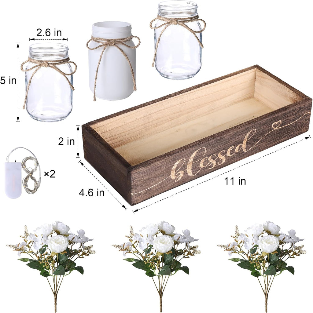 3 Pcs Mason Jar Table Centerpieces for Dining Room with Wood Tray&Led Light