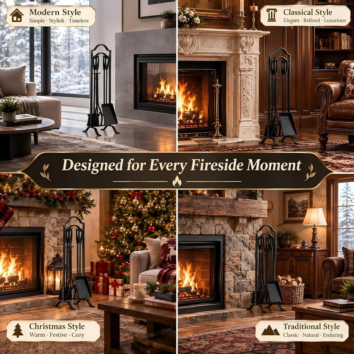 FEED GARDEN Fireplace Tools Set 5 Pcs with Stand, 29” Durable Wrought Iron