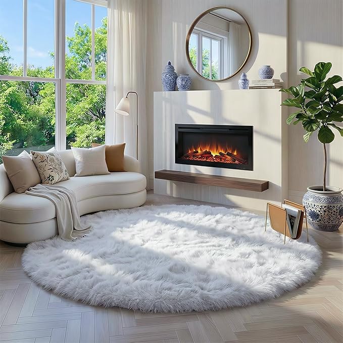 Round Rugs 5Ft White Circle Area Rug, Fluffy Fuzzy Bedroom Carpets - Image 3