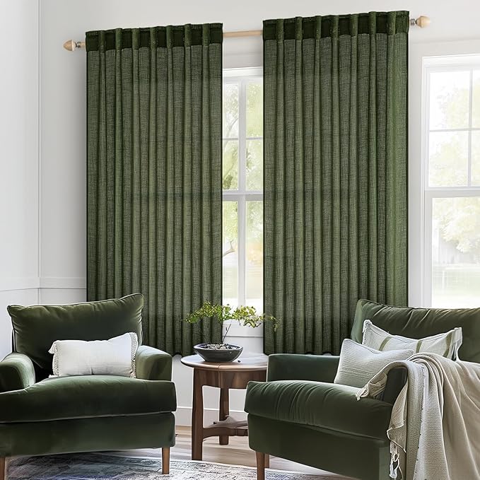 MIULEE Olive Green Linen Curtains 63 Inch Length 2 Panels - Image 2